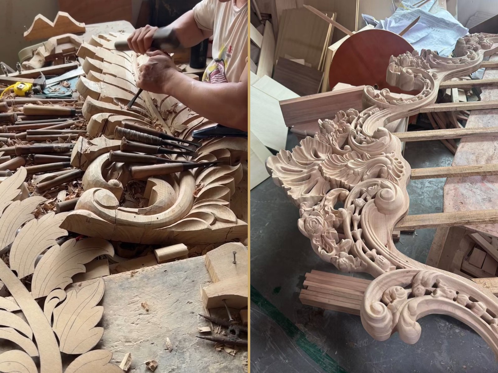 J&G Maison master carver hand-chiselling ornate scrollwork and the finished hand-carved furniture frames in the Foshan workshop