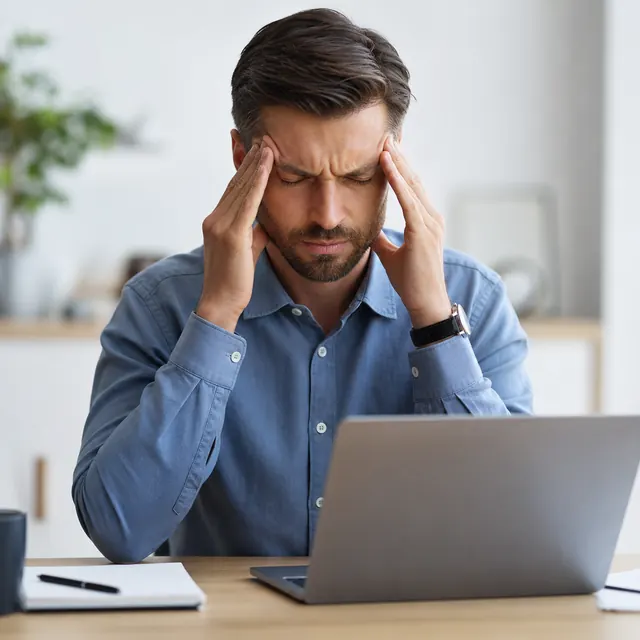 An interior designer weighing up furniture procurement worries at a laptop